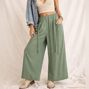 Wide Leg Drawstring Track Pants in Sage Green
